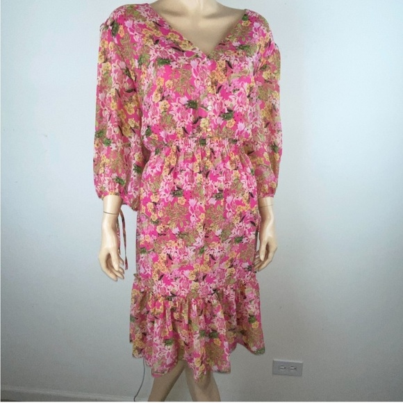 Pink long sleeve, sheer, V neck, peasant sleeve, ruffled, Floral Midi Dress - Picture 2 of 10